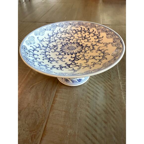 Antique Kangxi Blue And White Porcelain Lotus Pedestal Dish 8"x4" Flower Bats - Picture 3 of 7